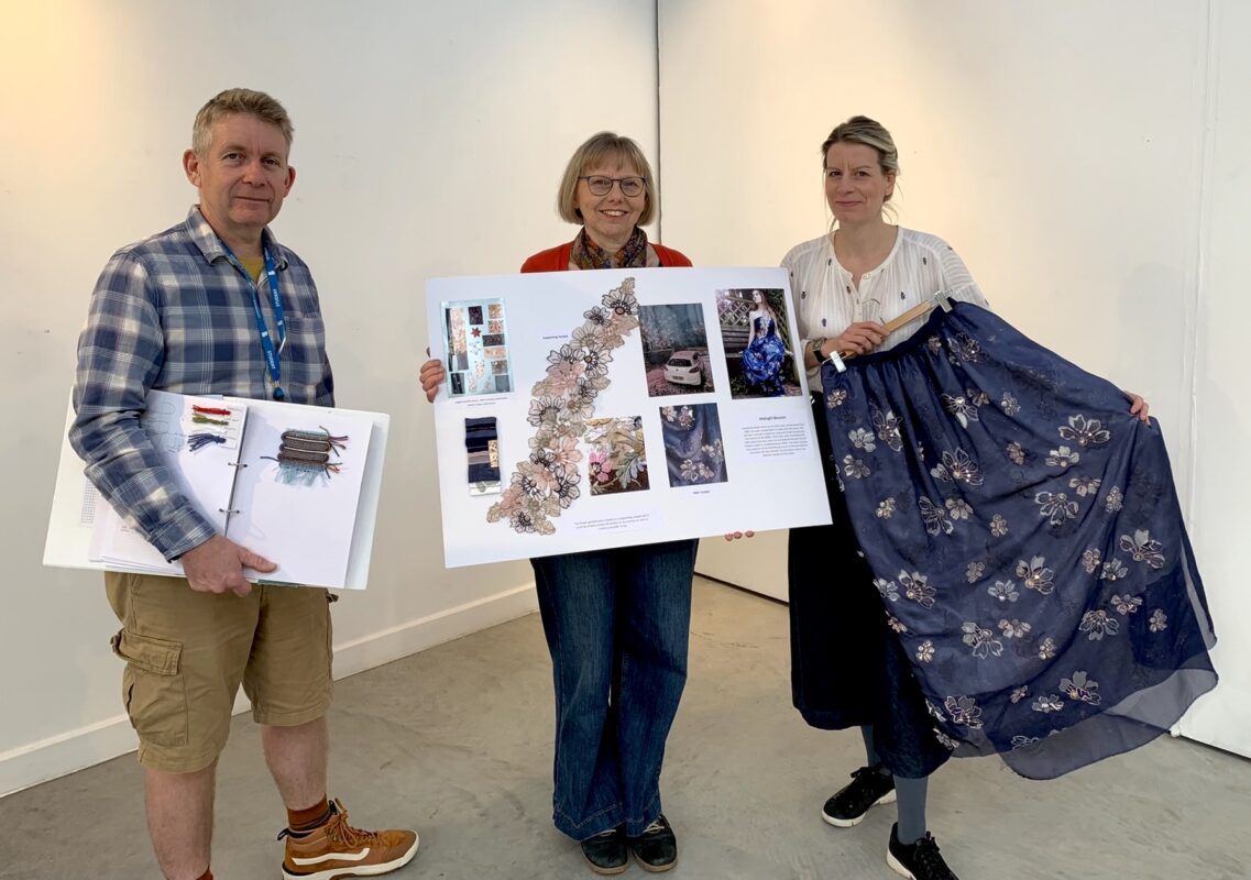 L-R): Bradford College Textiles Practice Foundation Degree students Robert Bray and Jenny Bennigsen with tutor, Hannah Lamb.