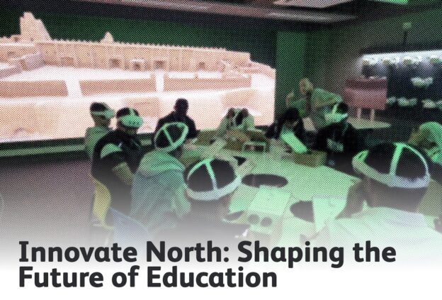 A room of students sit in an immersive classroom wearing VR headsets.