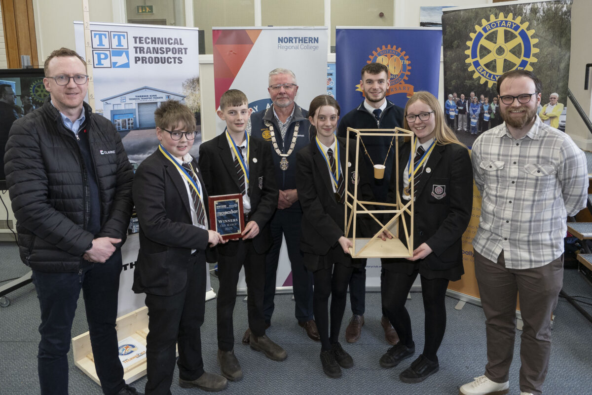 Rotary Challenge winners up Cullybackey College B team, with Tony Convery of Clarke,, Rotary Ballymena President Peter Chestnutt, teacher Aaron McPeake, and Chief Judge Jonathan Proctor.