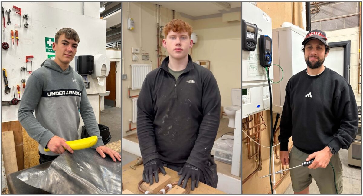 Three male plumbing students pictured in a plumbing workshop setting.